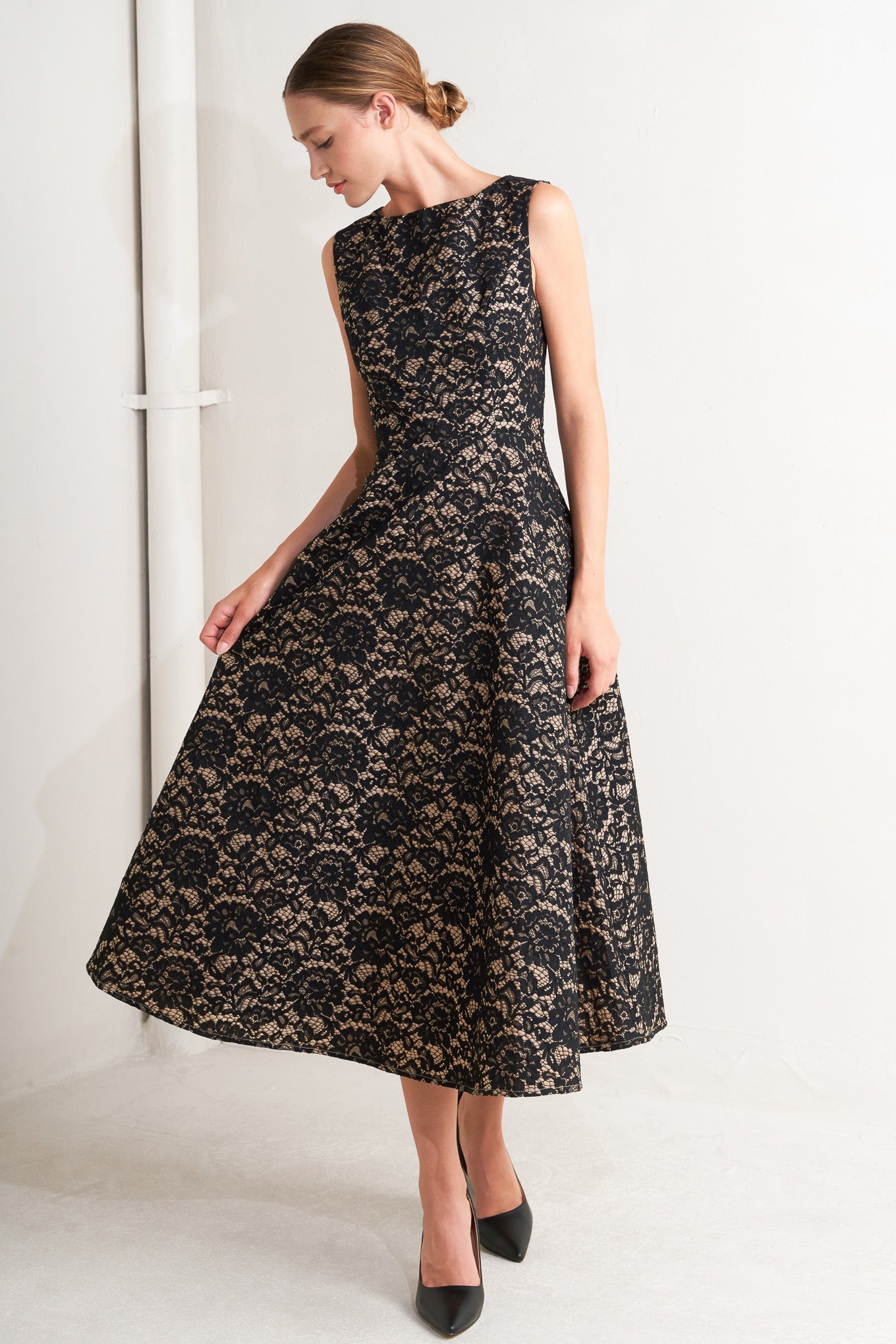 NIGHTFALL CHIC LACE WOVEN MIDI DRESS Flying Tomato